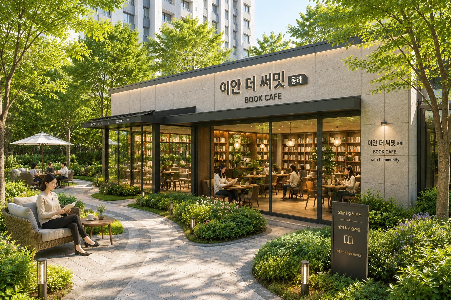 이안 더 써밋 동래 북카페 외관 — 조경 산책로와 야외 테라스 좌석, 유리 파사드 안쪽으로 서가가 보이는 모습