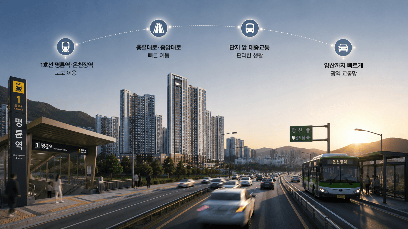 지하철 1호선 명륜역 출입구와 단지 앞 대로, 온천장역 방면 버스와 양산·부산도심 방향 표지판이 함께 보이는 교통 환경 인포그래픽